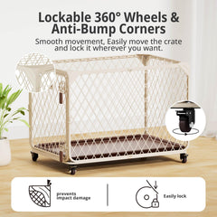 Aurapaws Diamond Mesh Dog Crate wheels enable easy mobility for indoor/outdoor setup.