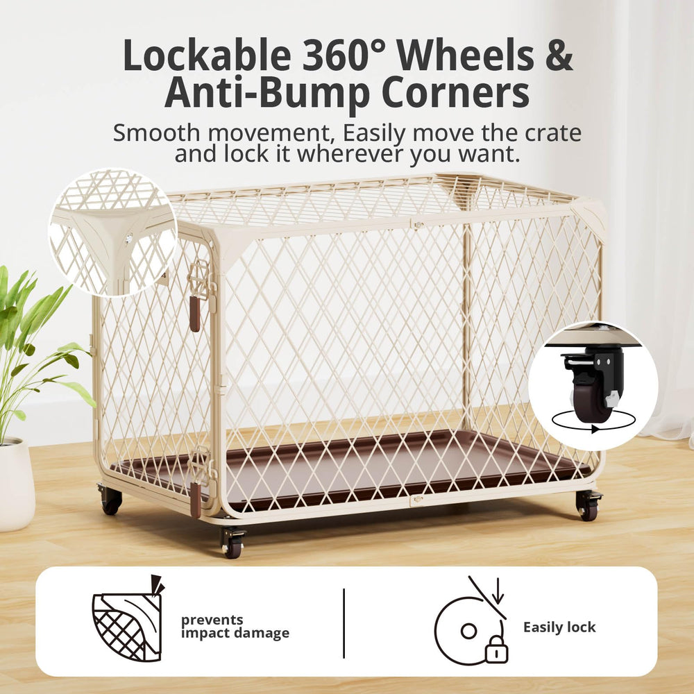 Aurapaws crate with four-wheel locking system for smooth, stable repositioning.