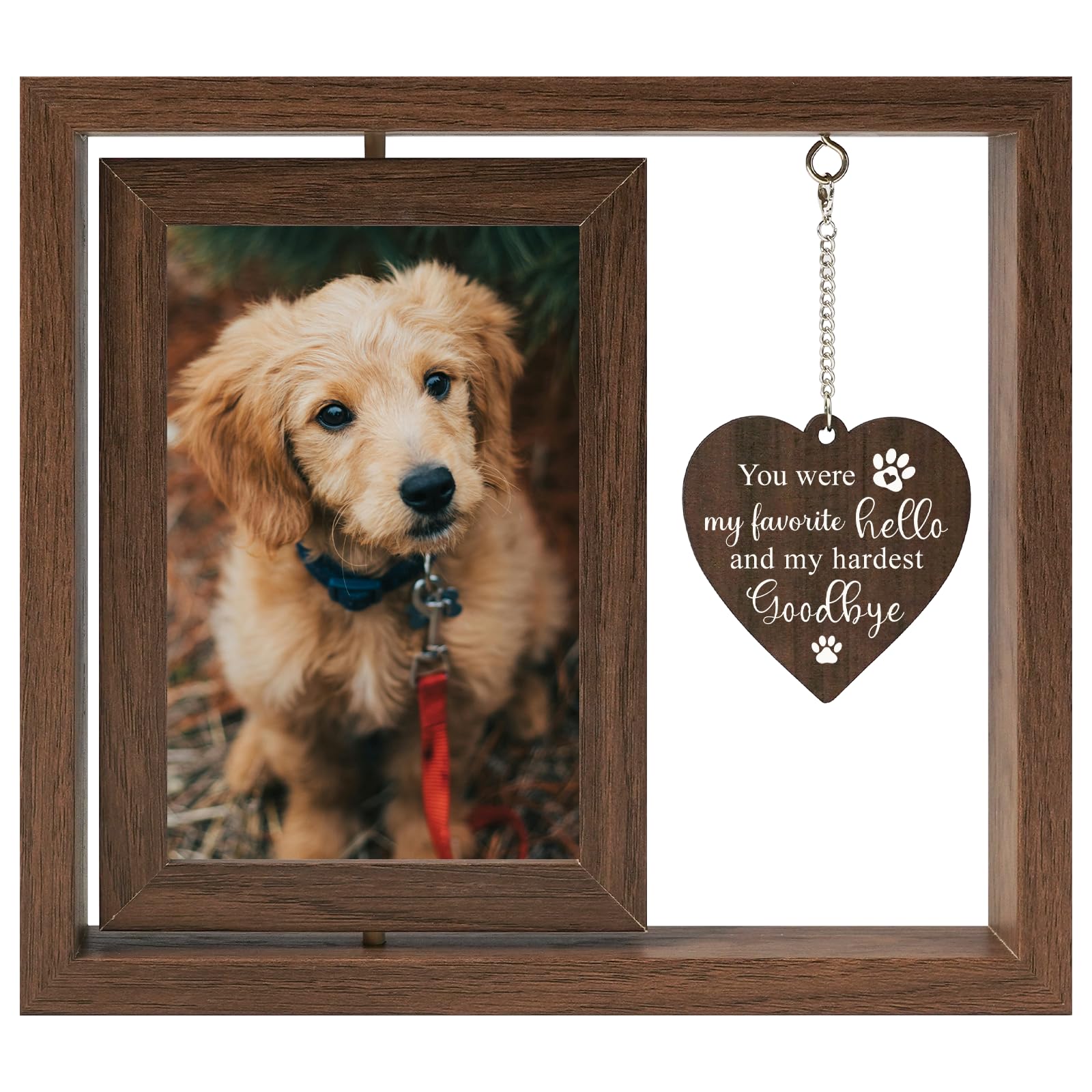 Aurlova dog memorial frame rotating display holds two 4x6 photos.