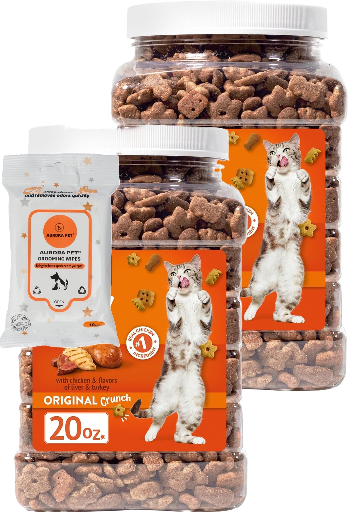 Aurora Pet bundle front view with two 20 oz treats and wipes for easy care.