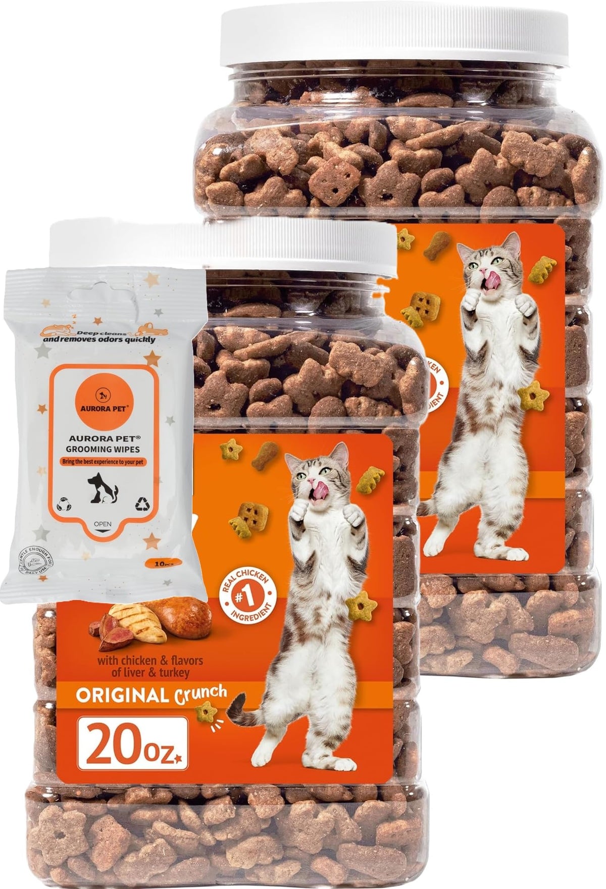 Aurora Pet bundle front view with two 20 oz treats and wipes for easy care.
