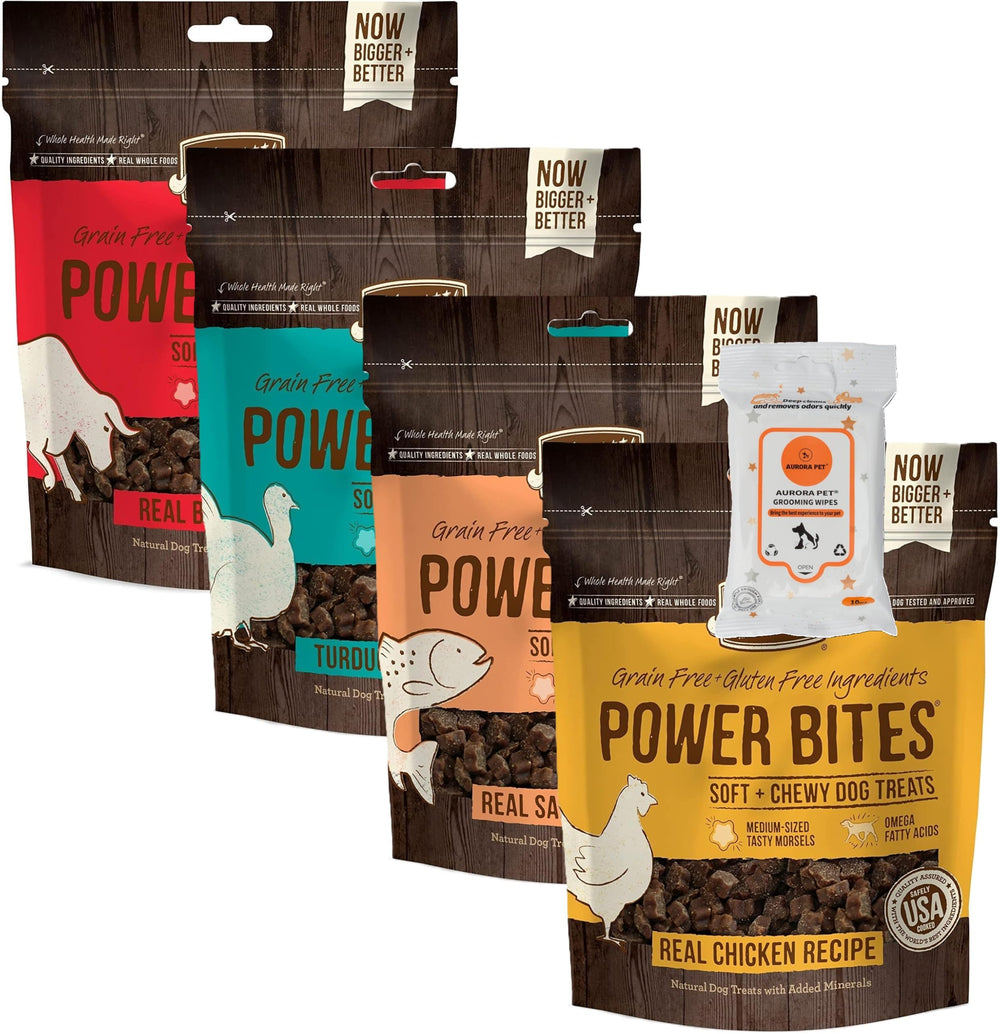Aurora Pet Power Bites variety pack chicken-beef-turducken-salmon treats for training rewards.