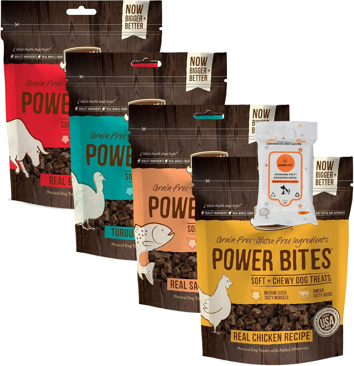 Aurora Pet Power Bites variety pack chicken-beef-turducken-salmon treats for training rewards.