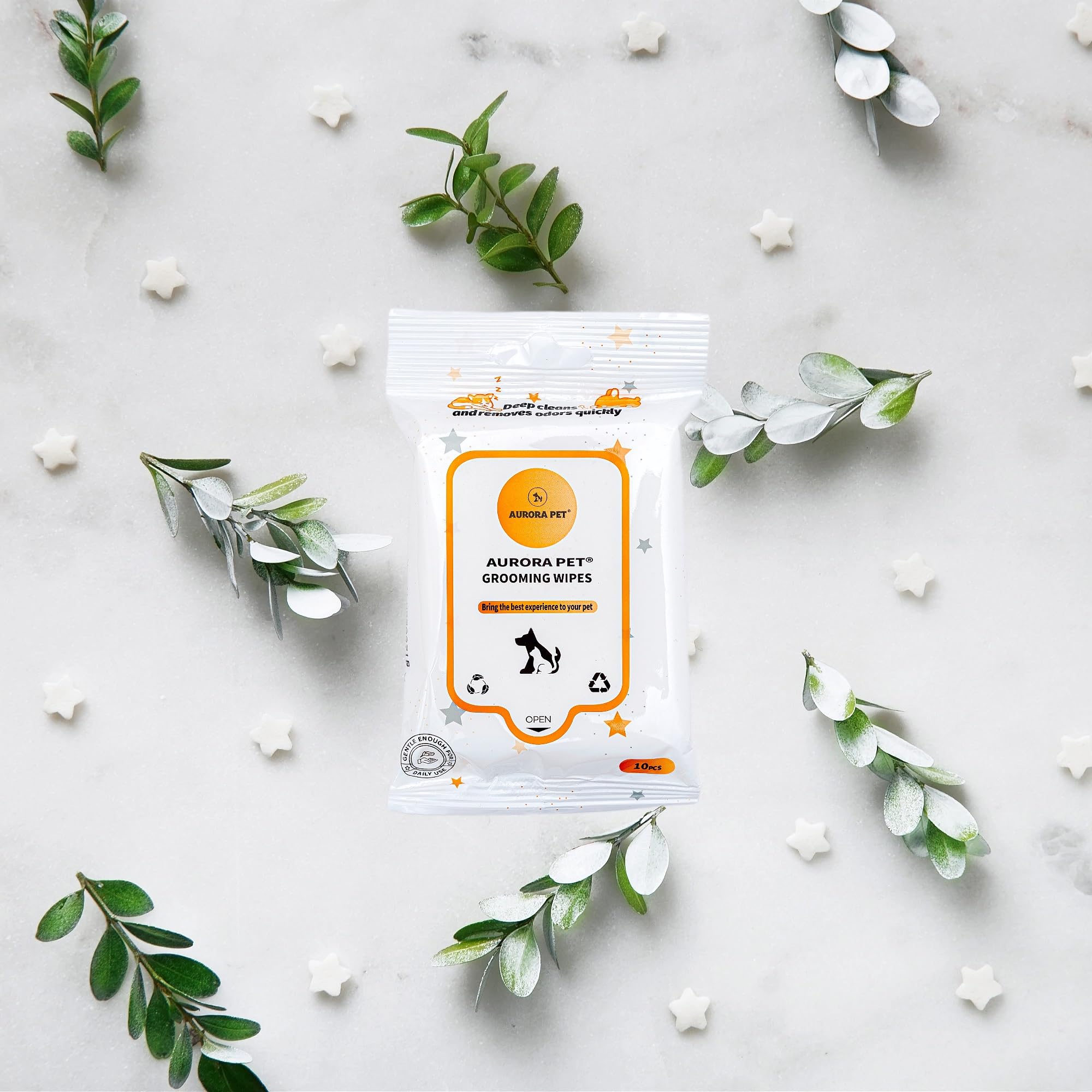 Aurora Pet Wipes 10-count for quick cleanup after meals and outdoor adventures.