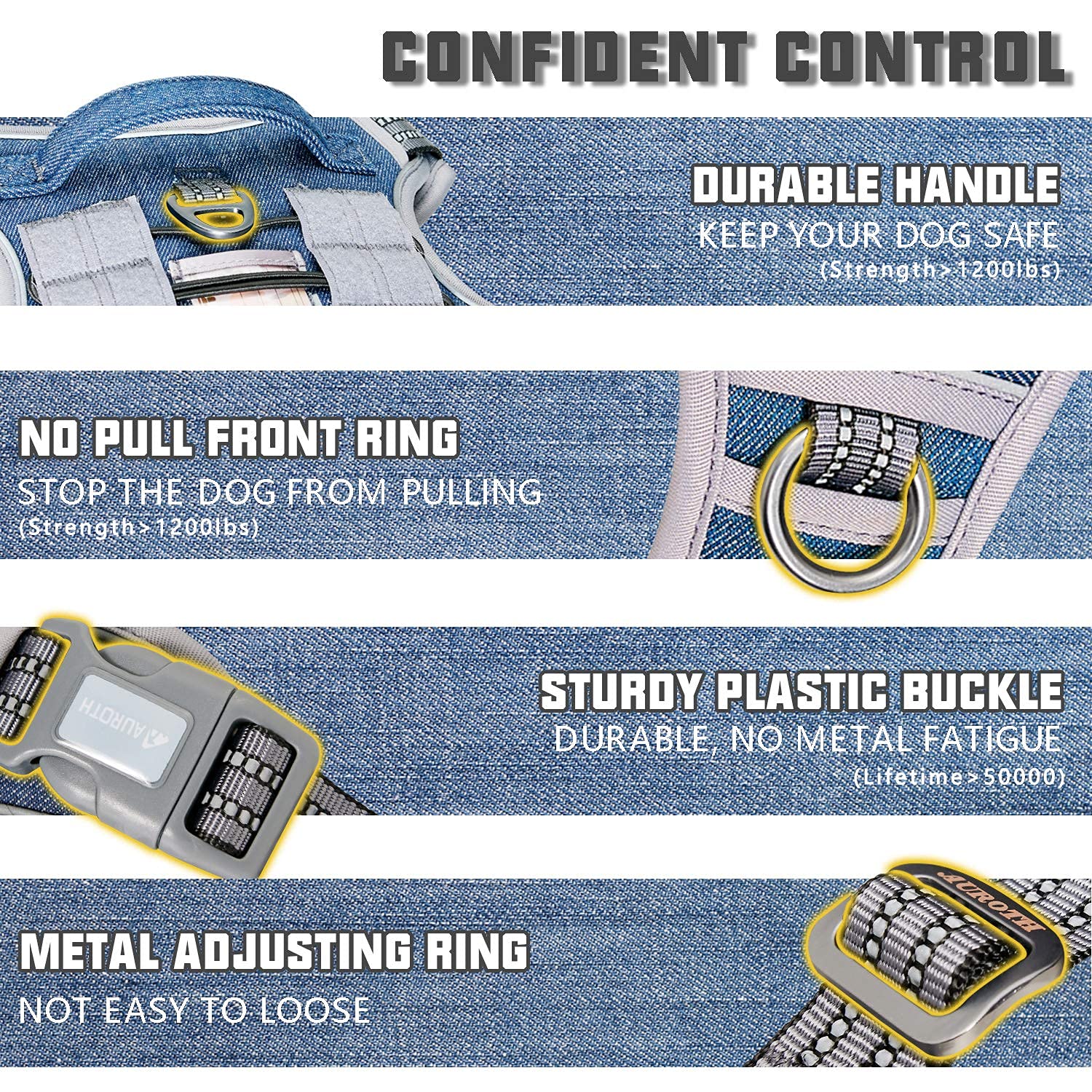 AUROTH Tactical Dog Harness denim blue back clip for secure everyday jogging