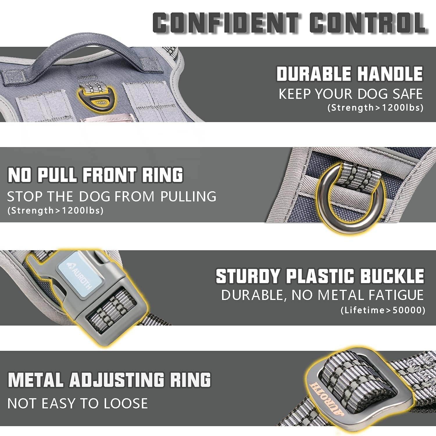 AUROTH front-clip close-up shows training-friendly no-pull attachment.