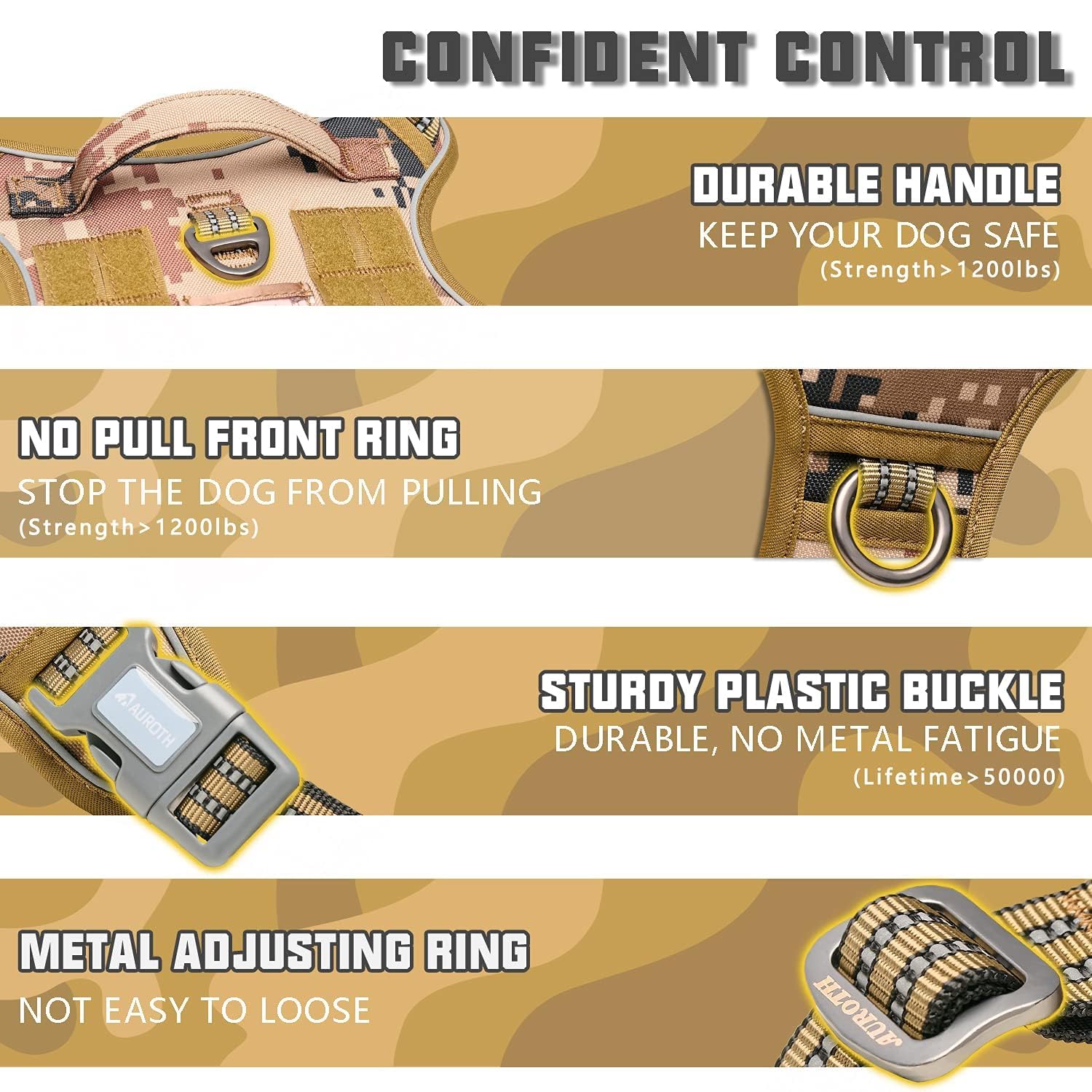 AUROTH Tactical Dog Harness Molle system on sides for carrying gear.