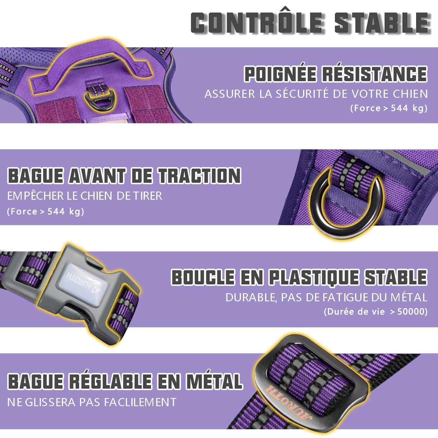 AUROTH purple harness with reflective trim improves visibility during low-light walks