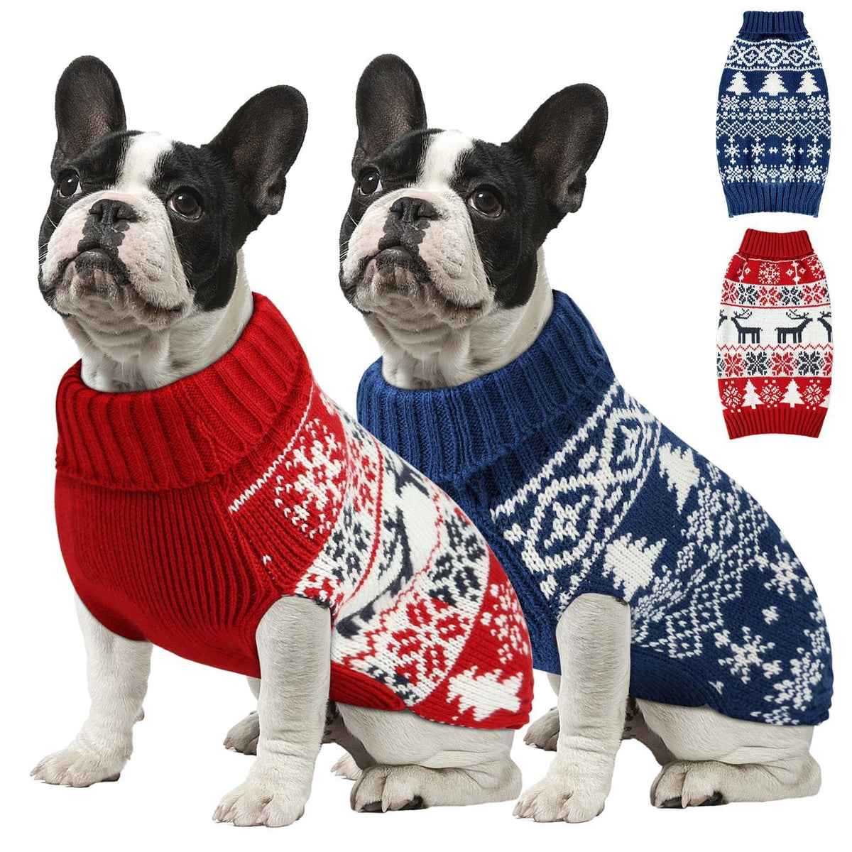AURUZA Christmas dog sweater front view with red-blue knit providing warmth for pets.