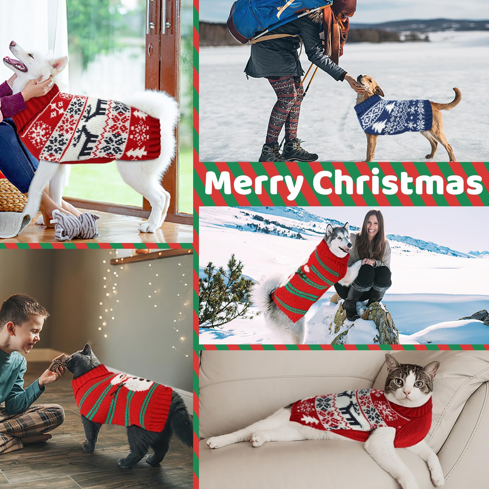 AURUZA winter backdrop highlights festive sweater suitability for photos and events.