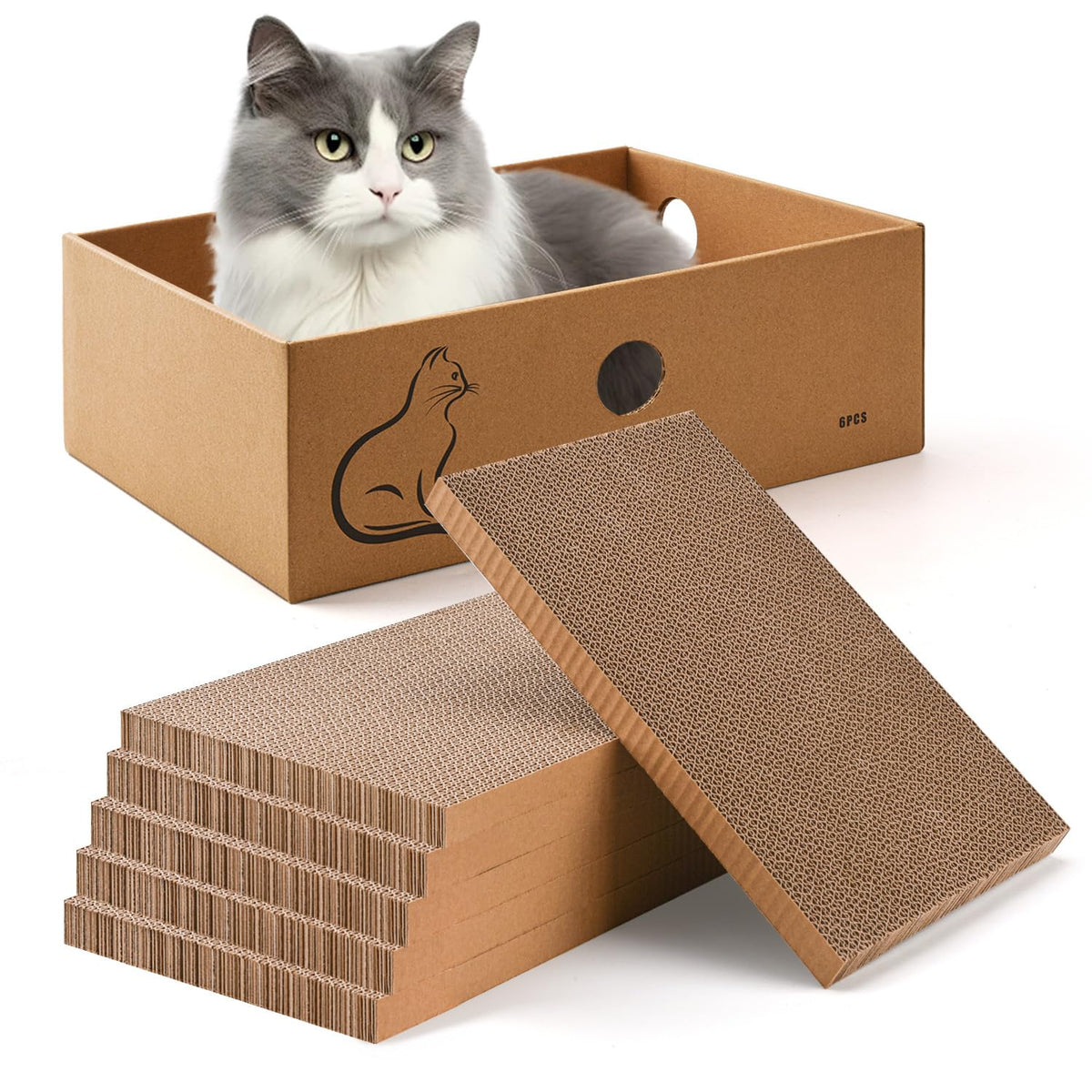 AUSCAT cat scratcher box front view showing durable cardboard surface
