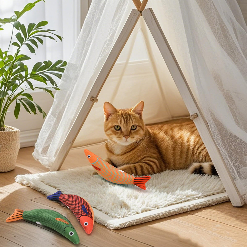 AUSCAT catnip fish toys in pack remain durable during play.