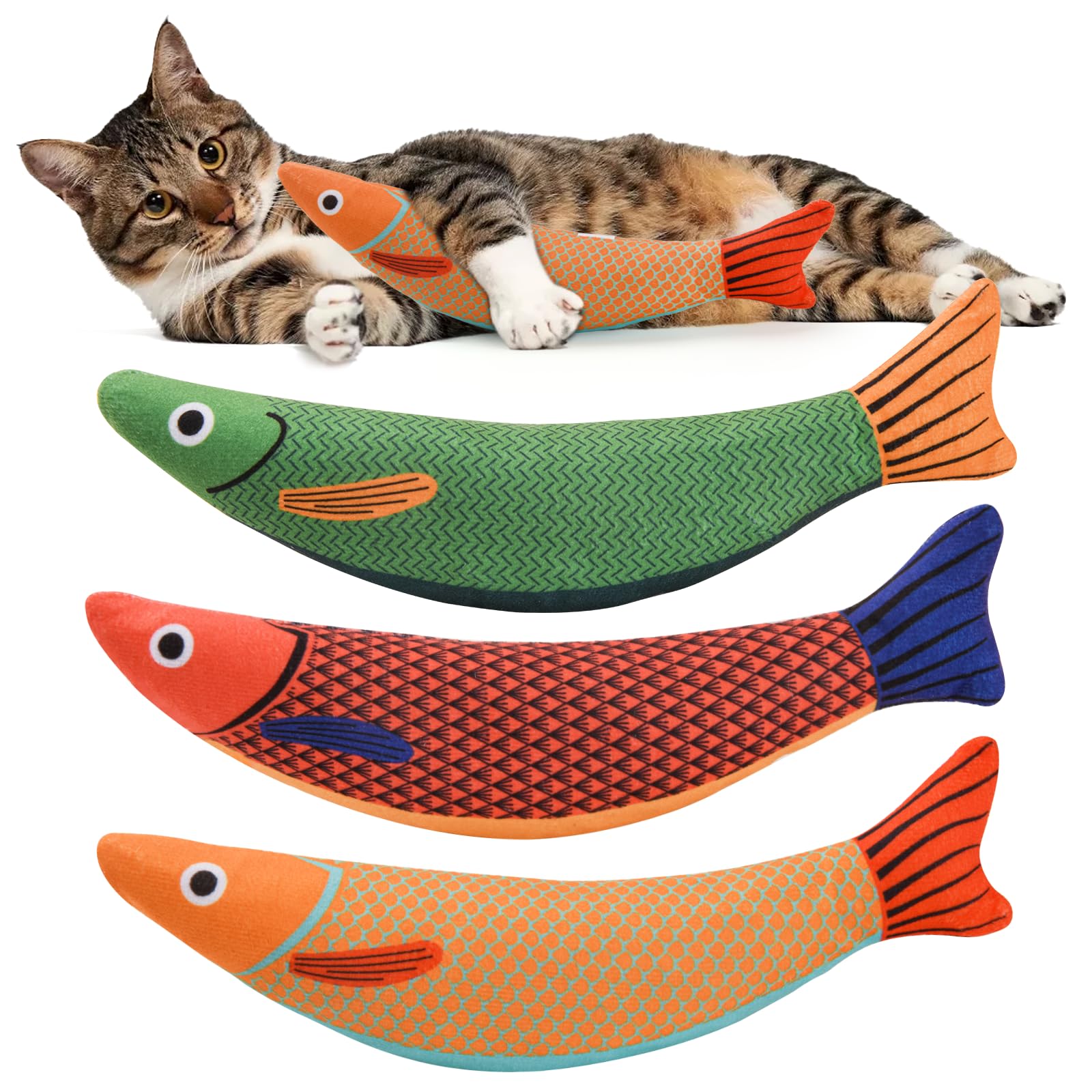 AUSCAT catnip fish toys set in three bright colors for engaging indoor play.