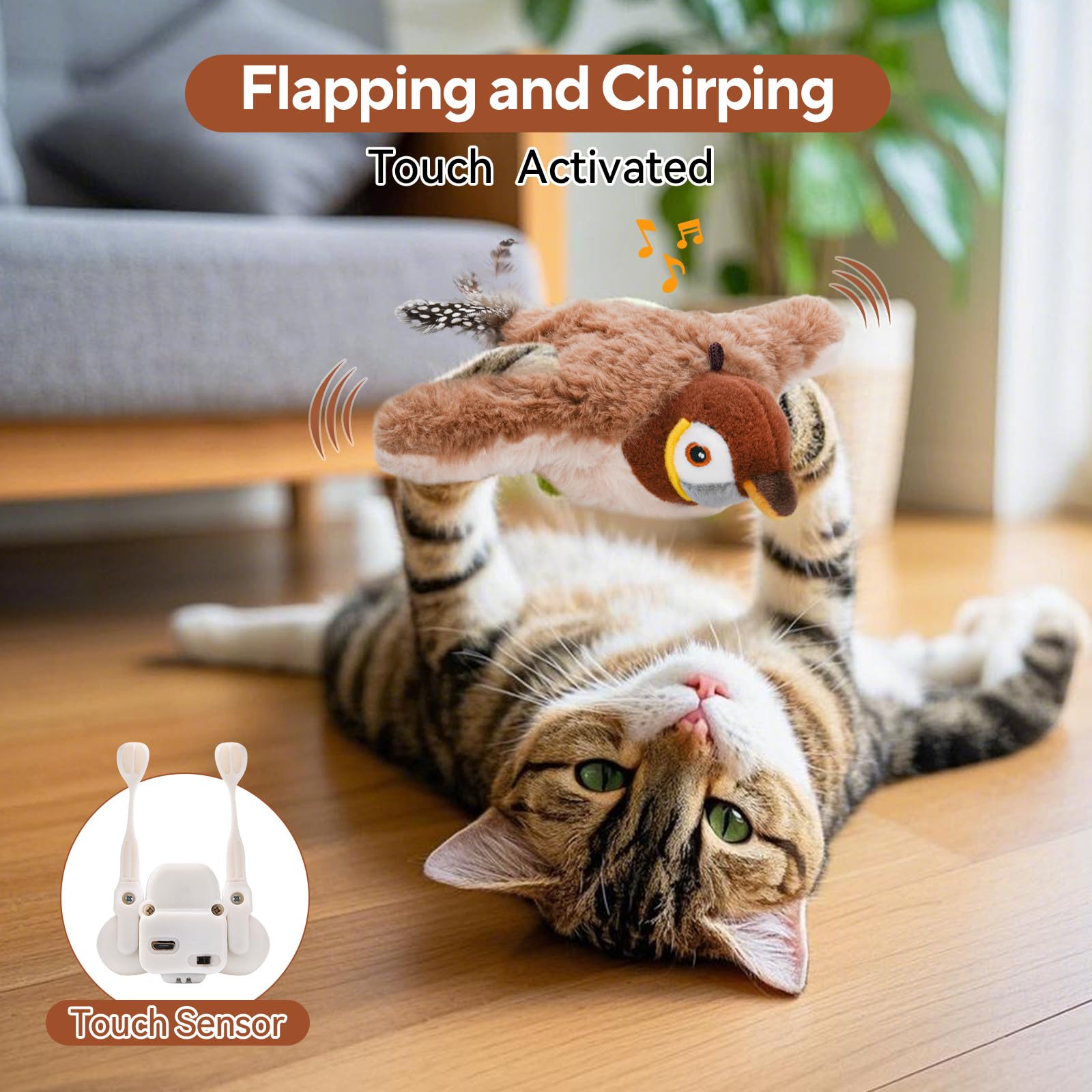AUSCAT Flappy Bird Toy emitting chirps to attract curious cats during play.
