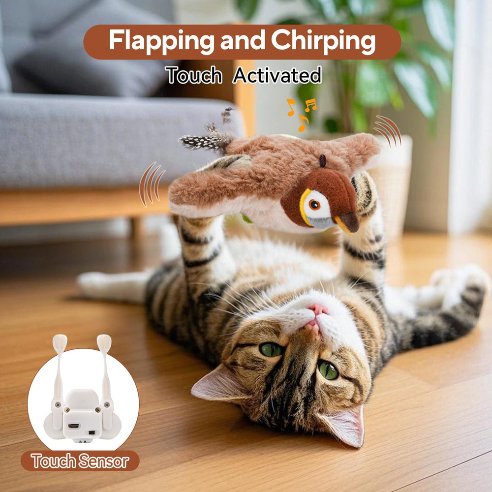 AUSCAT Flappy Bird Toy emitting chirps to attract curious cats during play.