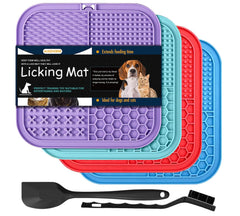 AUSINCERE lick mat on a table with food, promoting calm during grooming.