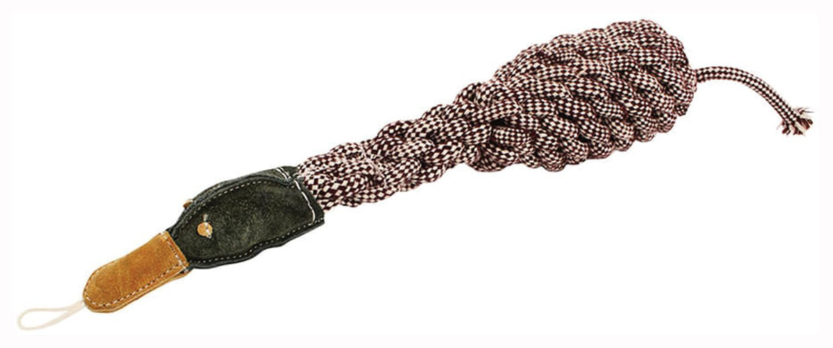 Aussie Naturals crinkle duck toy with rope, large brown, ideal for fetch and dental hygiene.