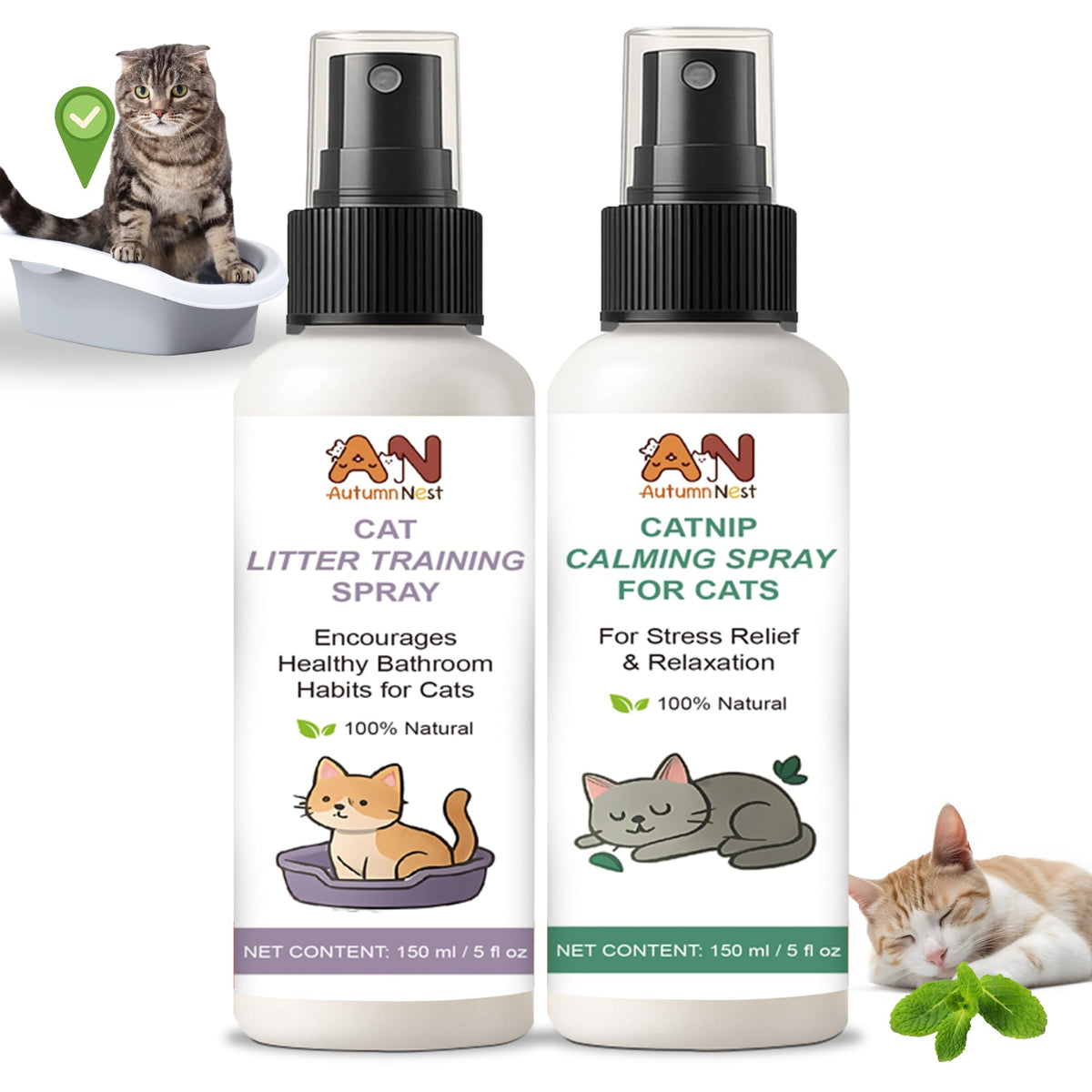 AutumnNest catnip calming spray bottle ready for stress relief in cat-friendly spaces.