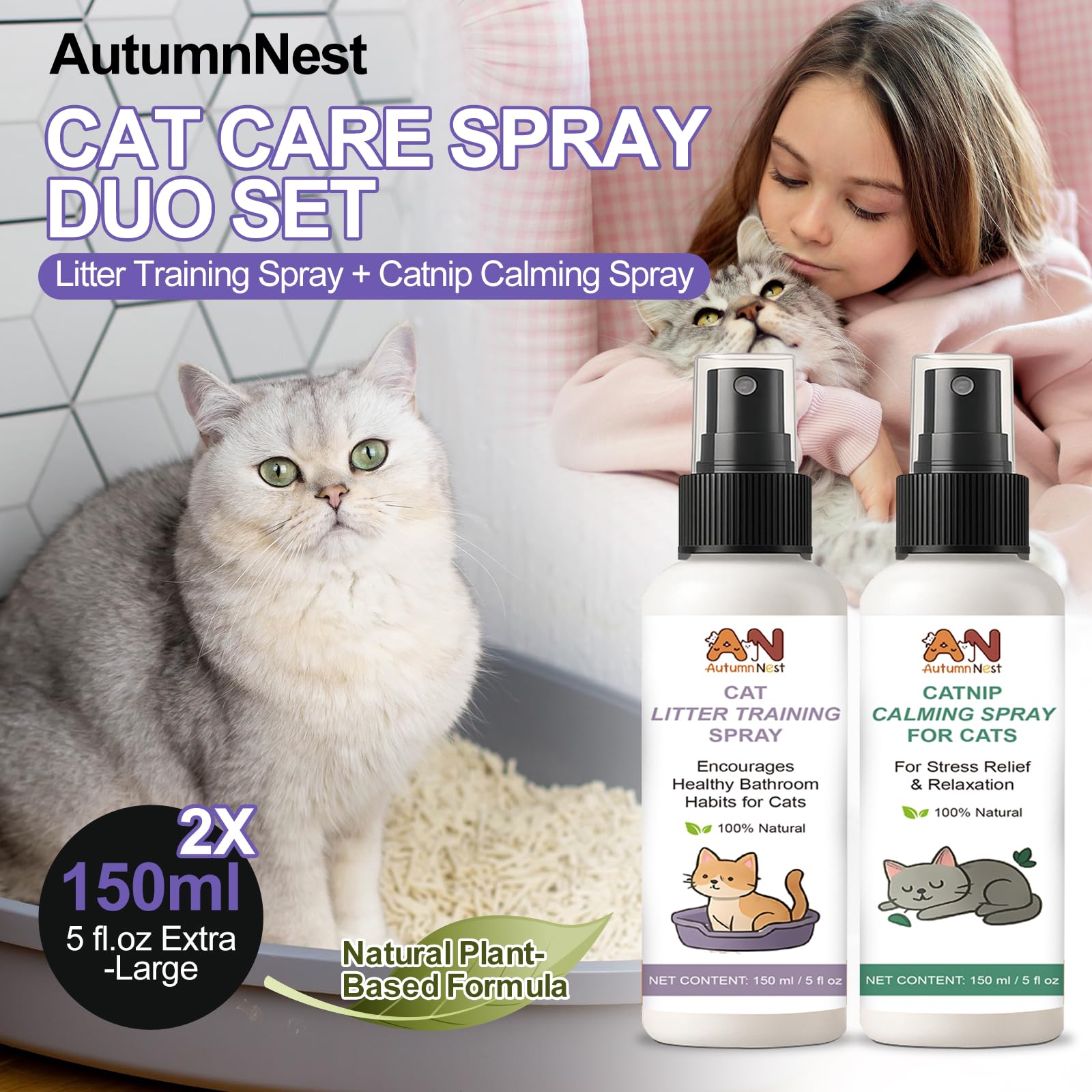 AutumnNest litter-box attractant spray bottle guiding a kitten toward the litter box.