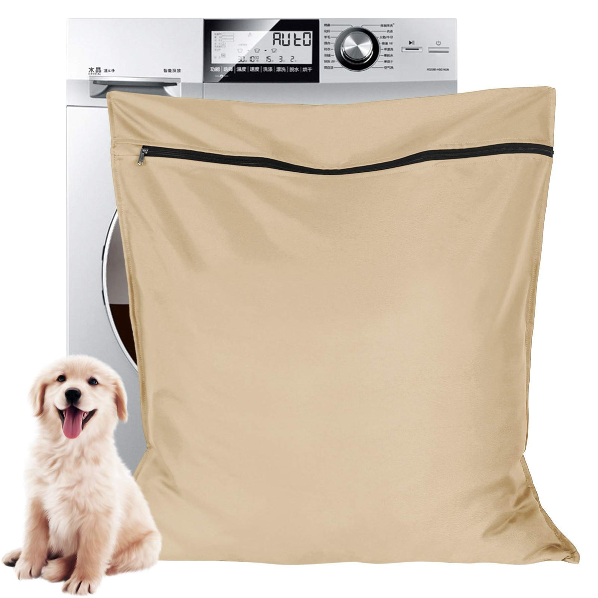 AUXSOUL pet laundry bag beige with a secure zipper protects fabrics during washing.