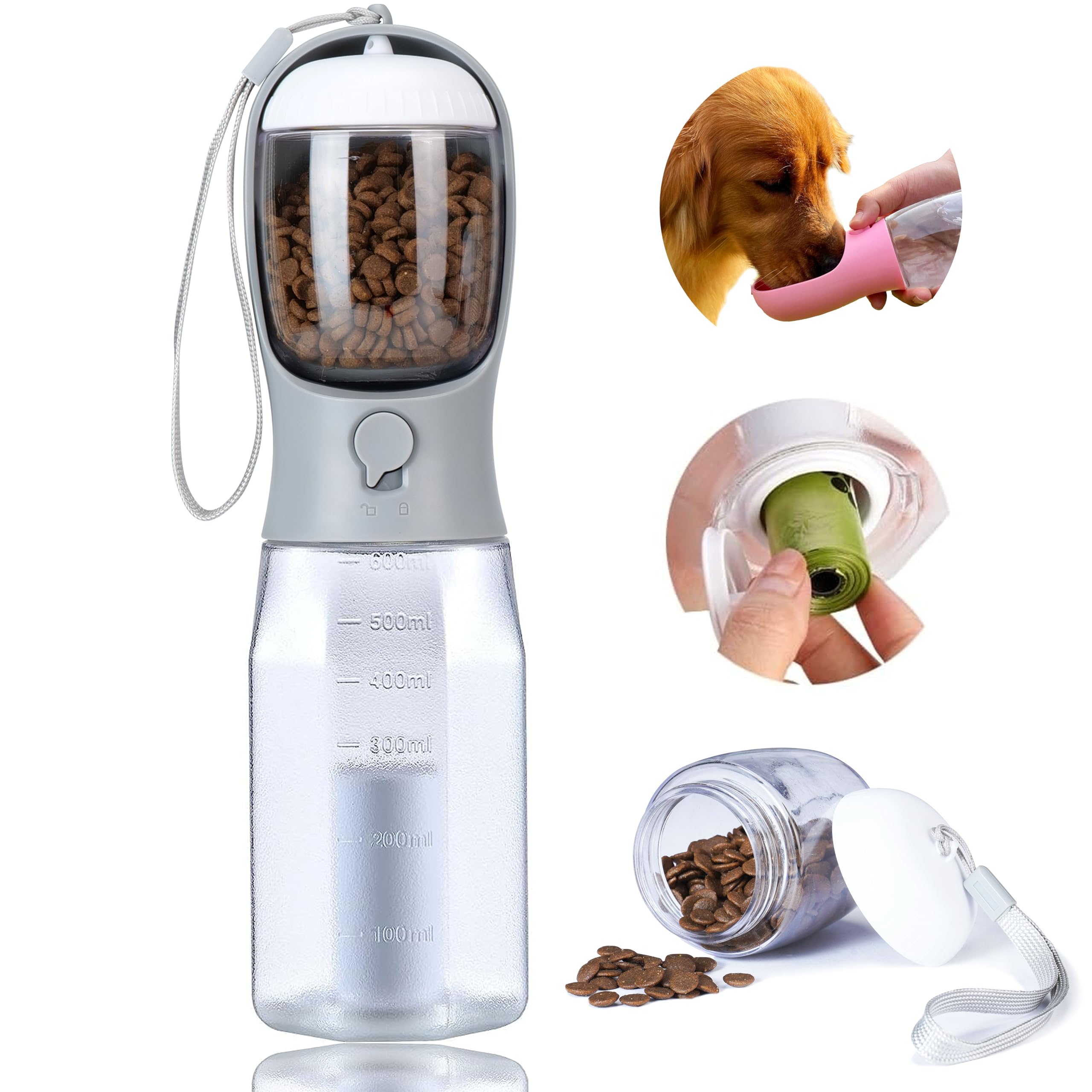AVELORA dog water bottle with 3-in-1 design for on-the-go hydration and snacks.