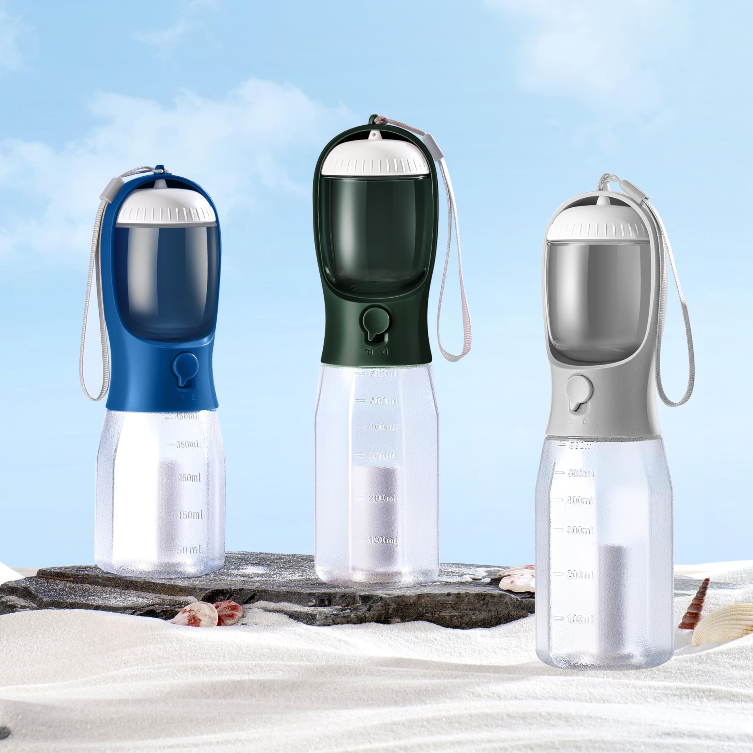 AVELORA dog water bottle shows 600ml capacity for longer outings.