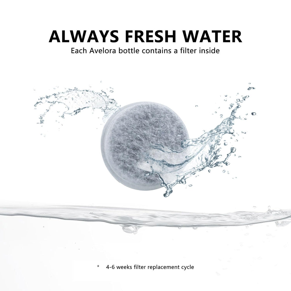 Avelora filtro carbón activo purifica agua durante salidas al aire libre.