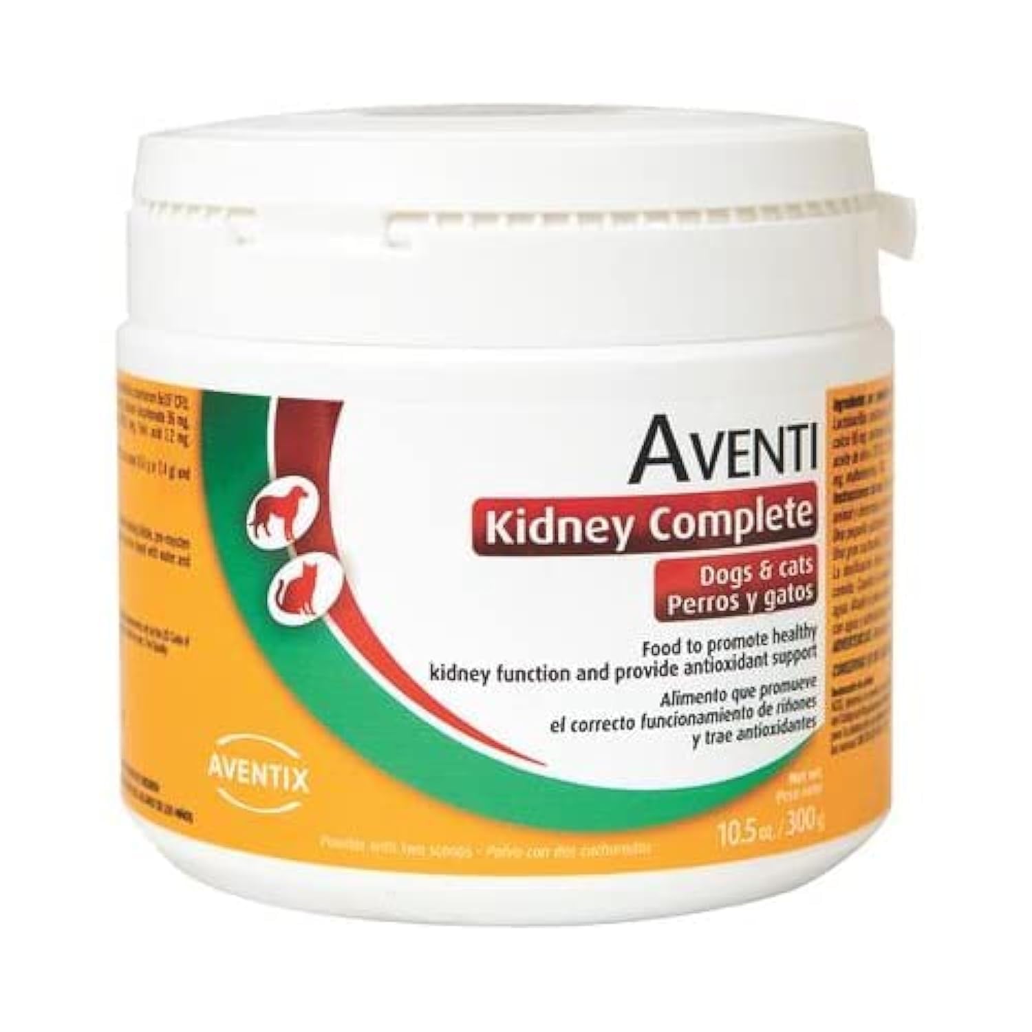 Aventi Kidney Complete Powder bottle pouring, supports kidney health and antioxidant support for pets.
