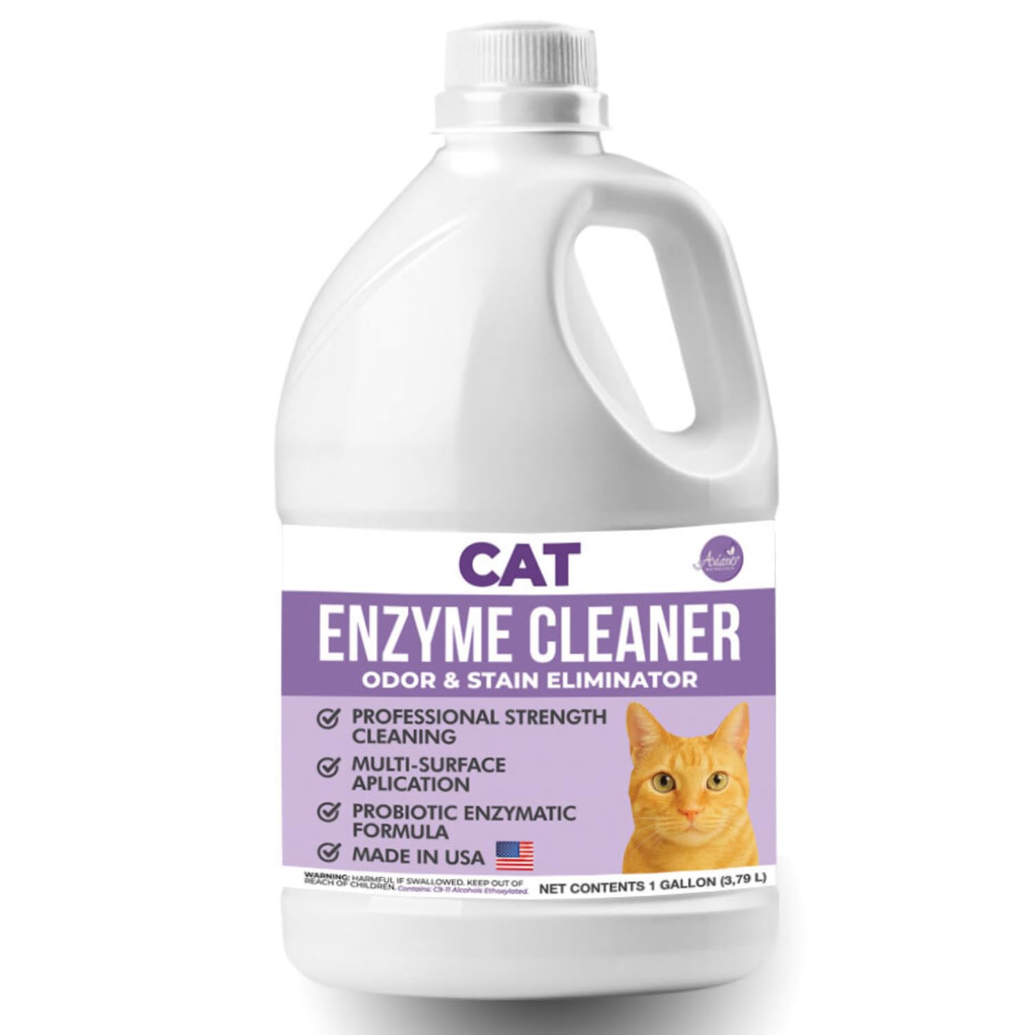Aviano Cat Enzyme Cleaner bottle label shows USA-made formula for pet-safe cleaning