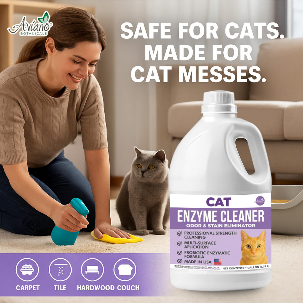 Aviano Cat Enzyme Cleaner on carpet area for pet messes