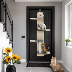 AVIF solid wood beige cat shelf adds durable space-saving furniture for playful cats