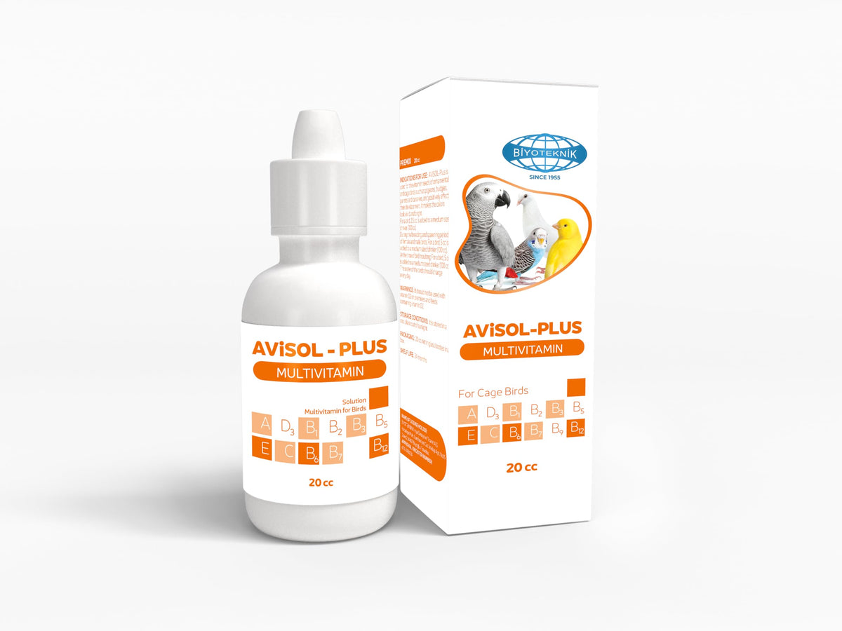 Avisol Plus bird drops bottle demonstrates easy-to-administer multivitamin for feather and immune support.