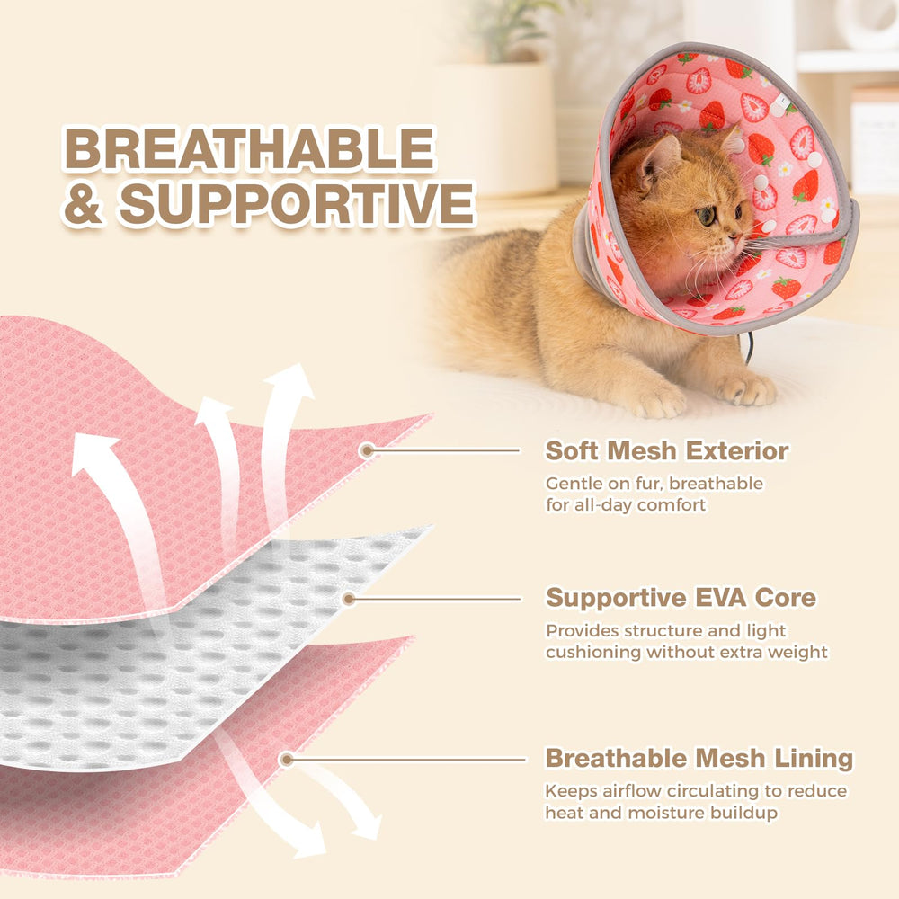 Avont Cat Cone Soft Strawberry size L wearing highlights escape-proof fit.