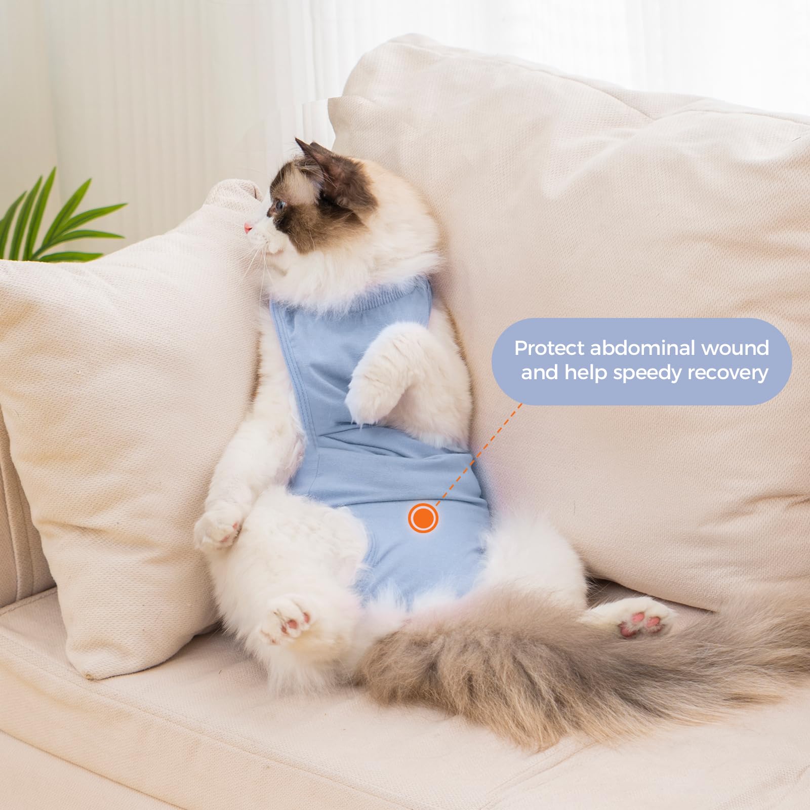 Avont cat recovery suit features adjustable neck drawstring and hook-and-loop back for easy fit.