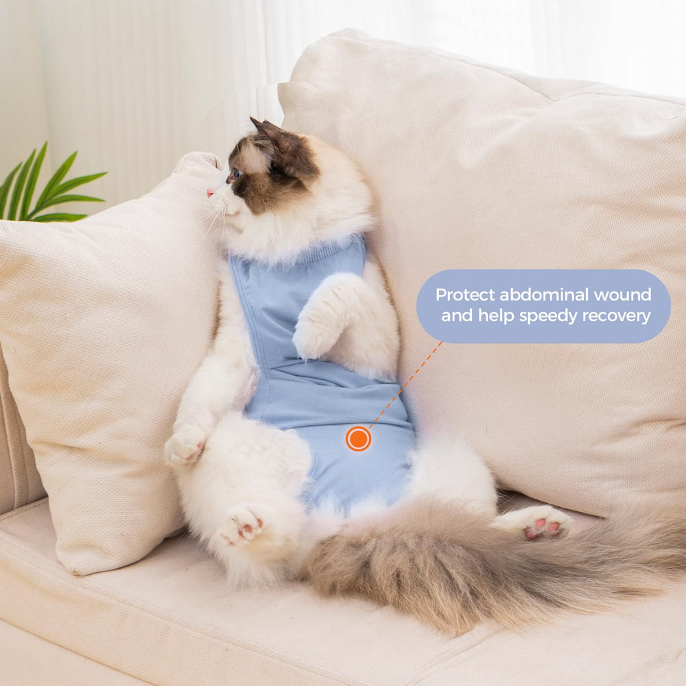 Avont cat recovery suit features adjustable neck drawstring and hook-and-loop back for easy fit.