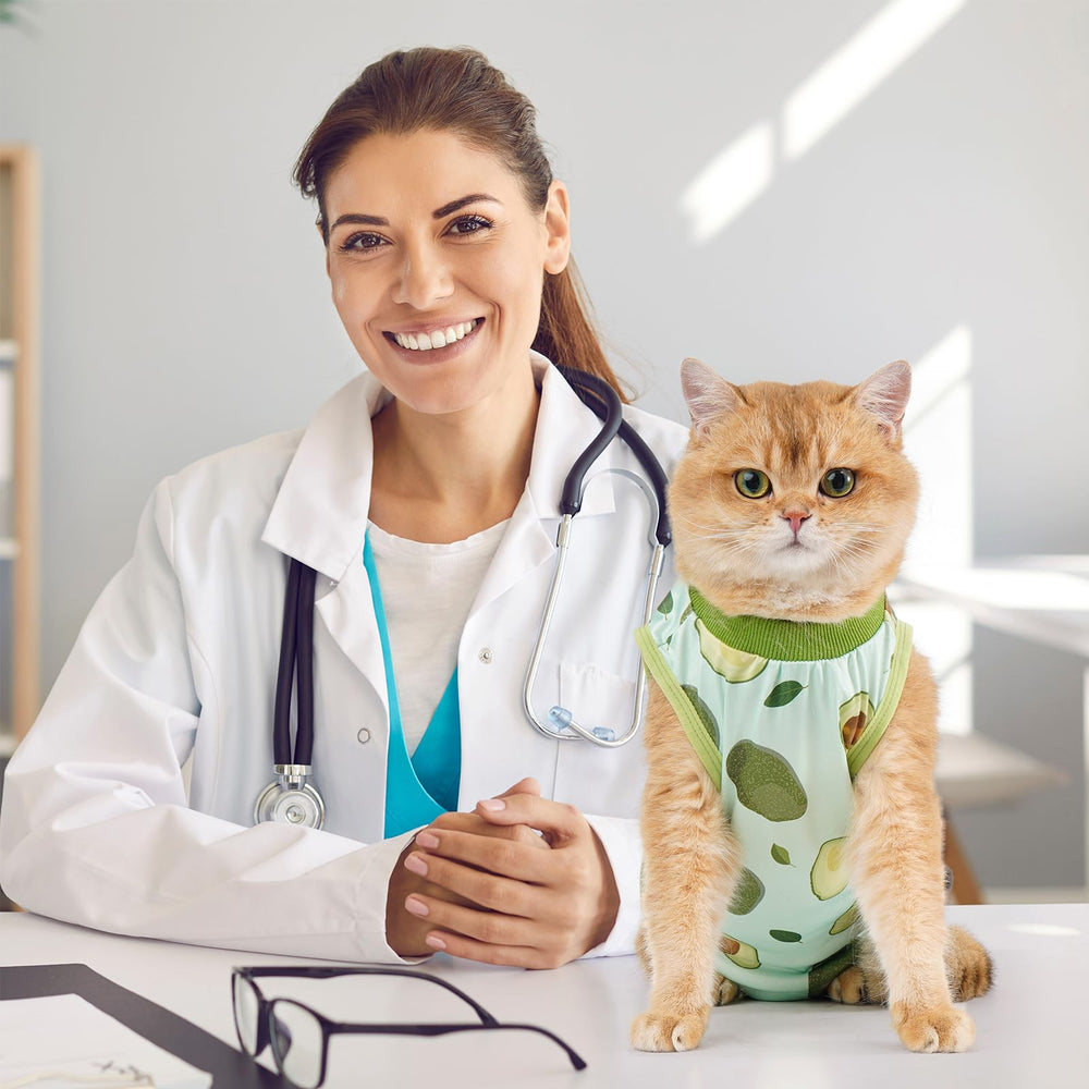 Avont Cat Recovery Suit avocado-m back view with secure back fasteners