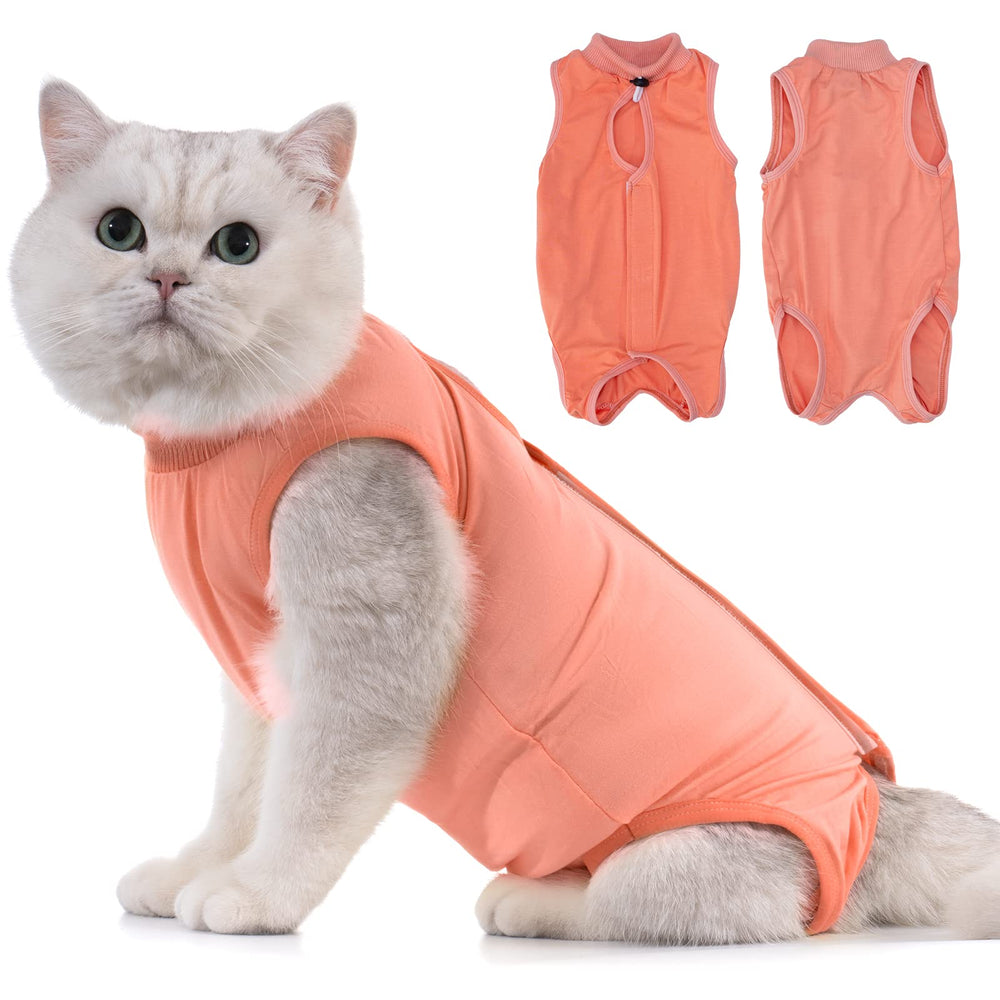 Avont Cat Recovery Suit Coral front view shows breathable fabric for recovery.