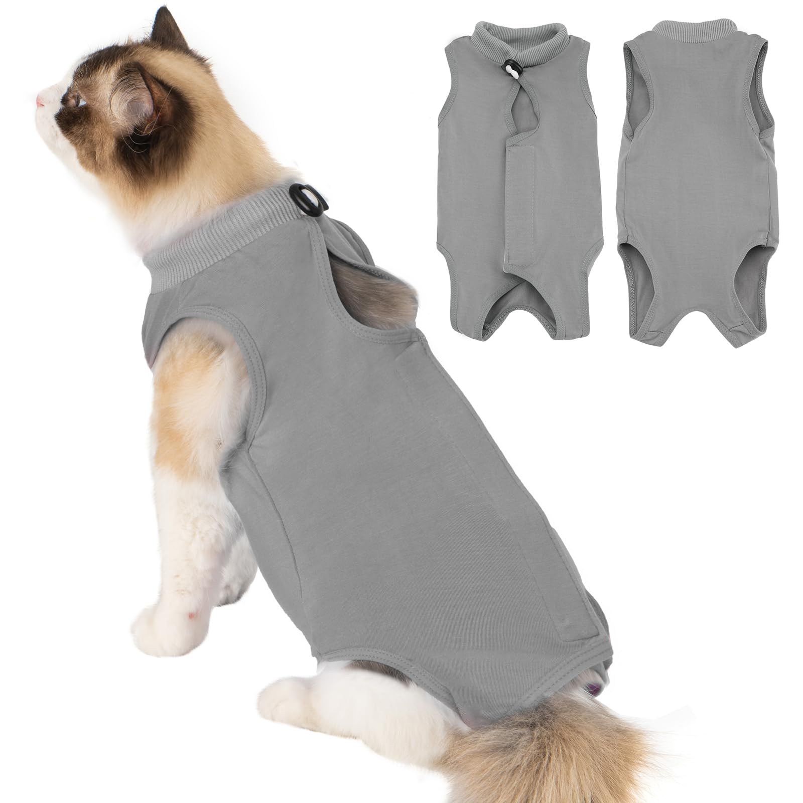 Avont Cat Recovery Suit gray on cat provides post-surgery protection against licking.