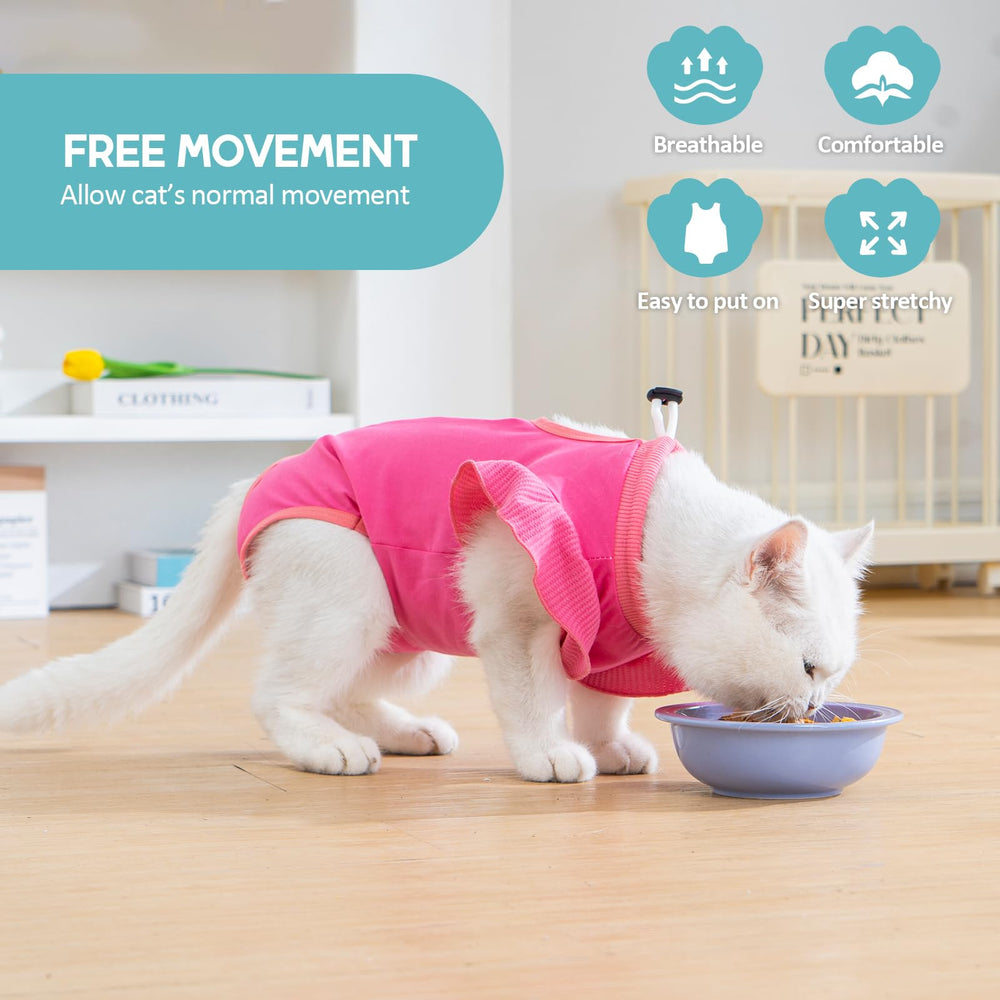 Avont Cat Recovery Suit magenta fabric detail reveals stretchy cotton-spandex for comfortable movement.