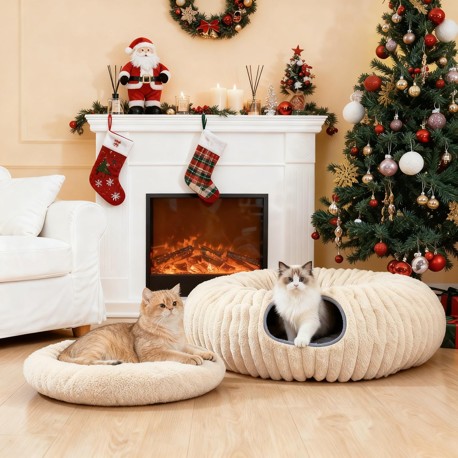 Avont Cat Tunnel Donut showing soft plush and crinkly lining for cozy hideaway.