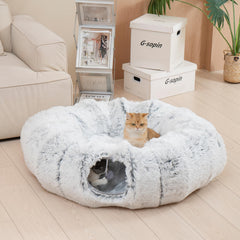 Avont cat tunnel assembly shows two connectable tunnels and removable cushion for flexible play and rest.