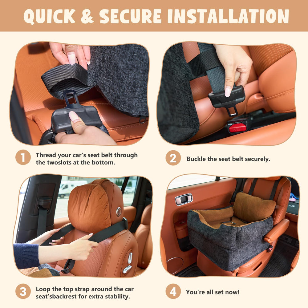 Avont dog car booster seat bottom strap showing safe anchor through seatbelt.
