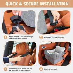 Avont booster seat plush base and bolsters provide cushioned rest.