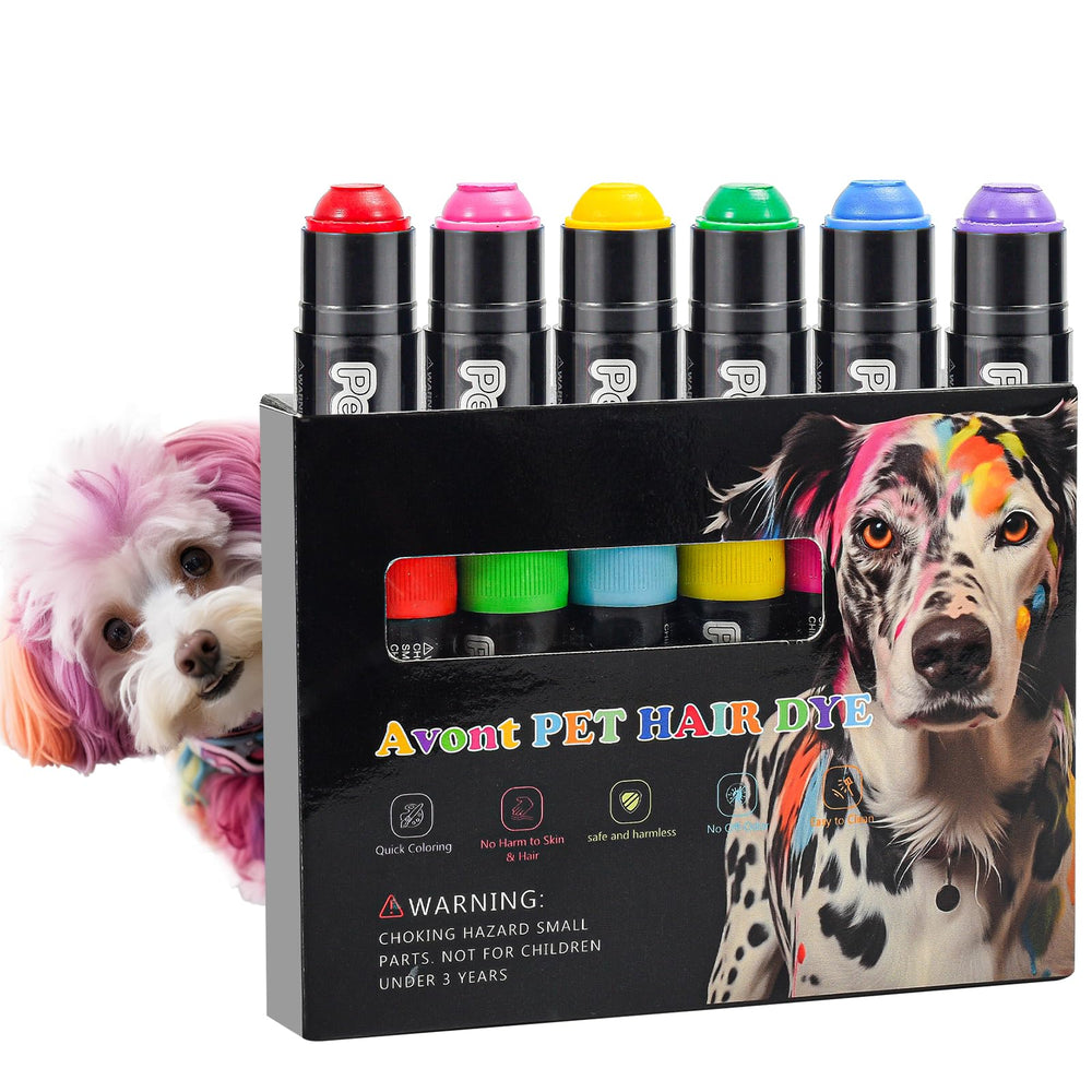 Avont dog hair dye six colors on pet fur for festive decorating.