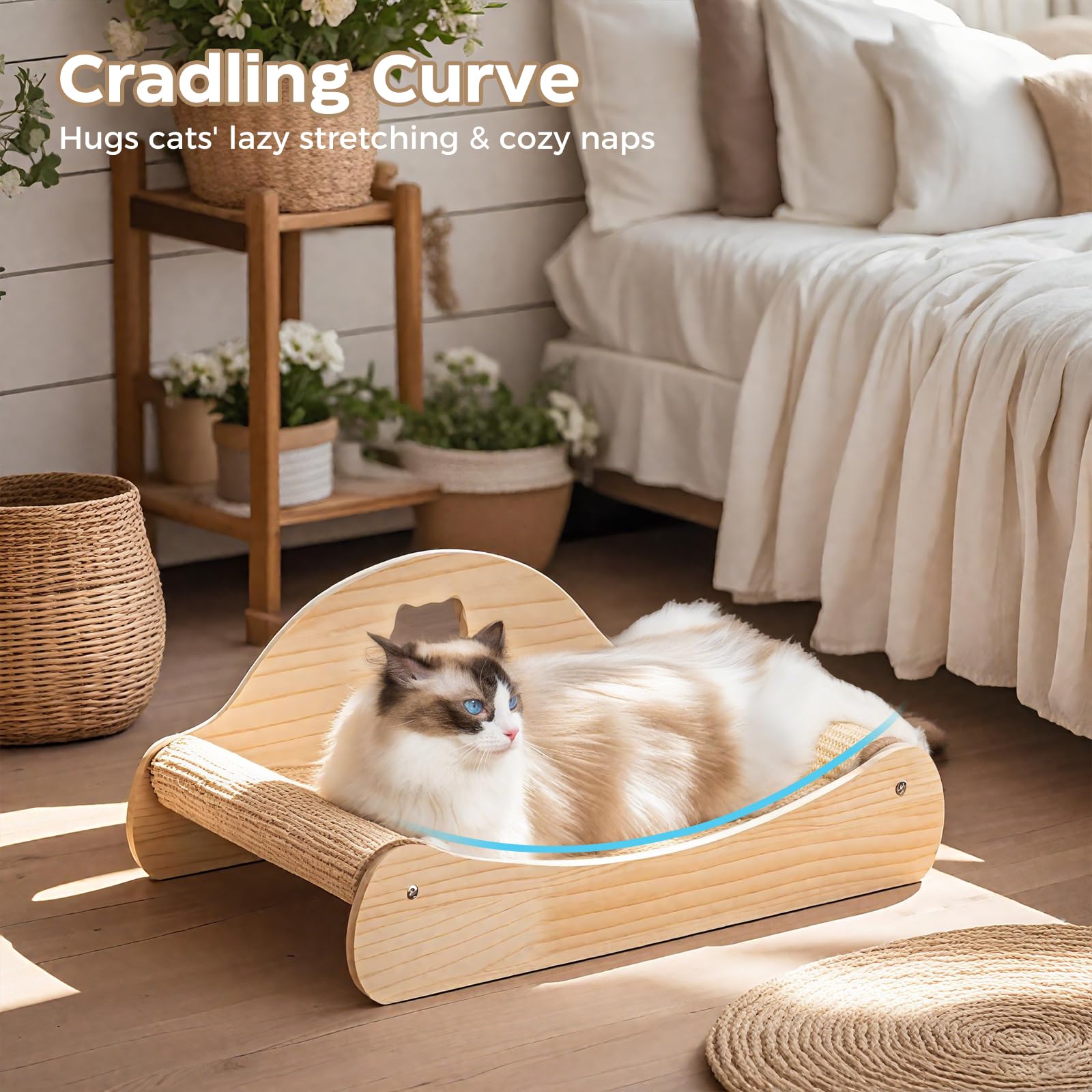 Avont Sisal Cat Scratcher Bed durable-wood-frame rigidity supports active scratching and lounging.