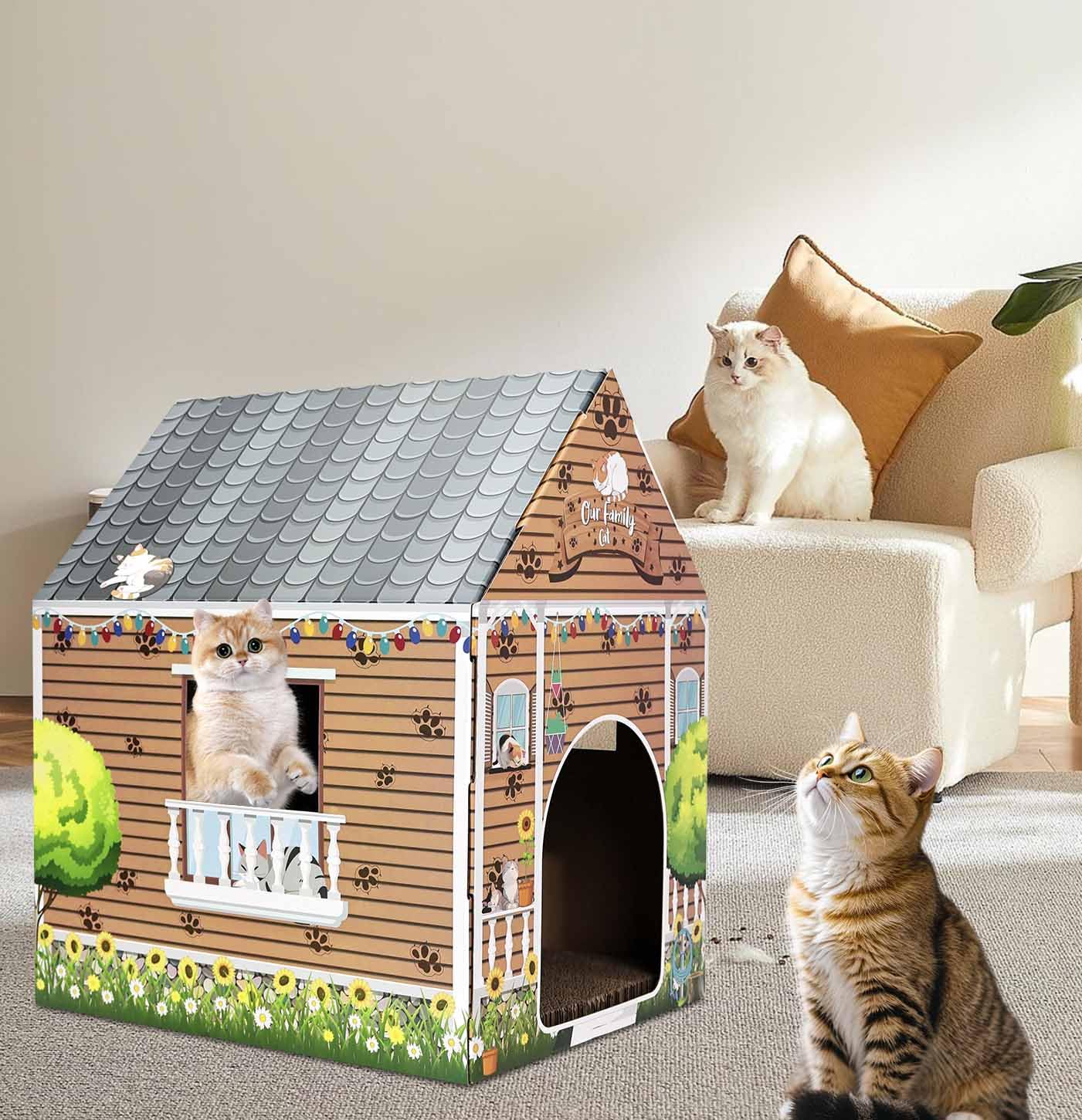 AVXINSOK cardoard cat house assembly step demonstrating quick setup
