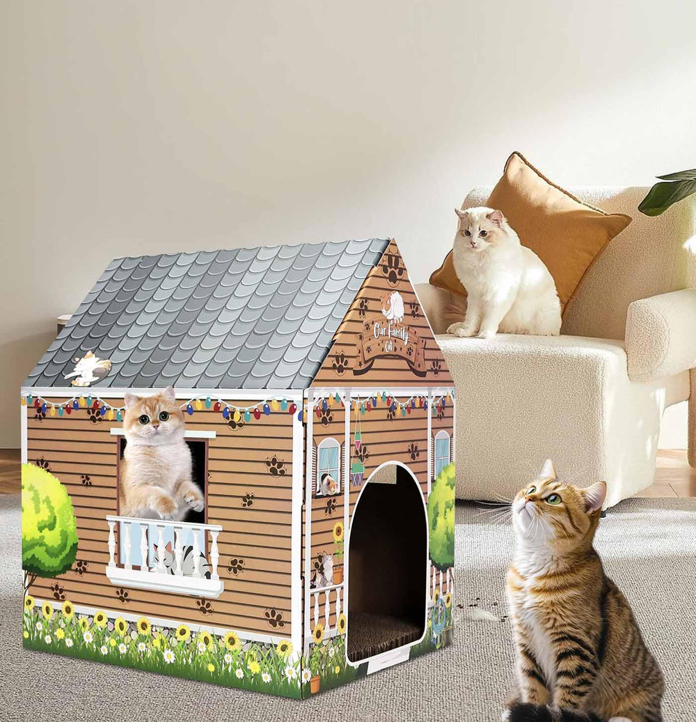 AVXINSOK cardoard cat house assembly step demonstrating quick setup