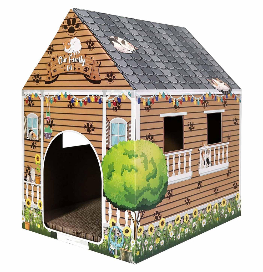 AVXINSOK cardboard cat house front view with cozy exterior and entryway