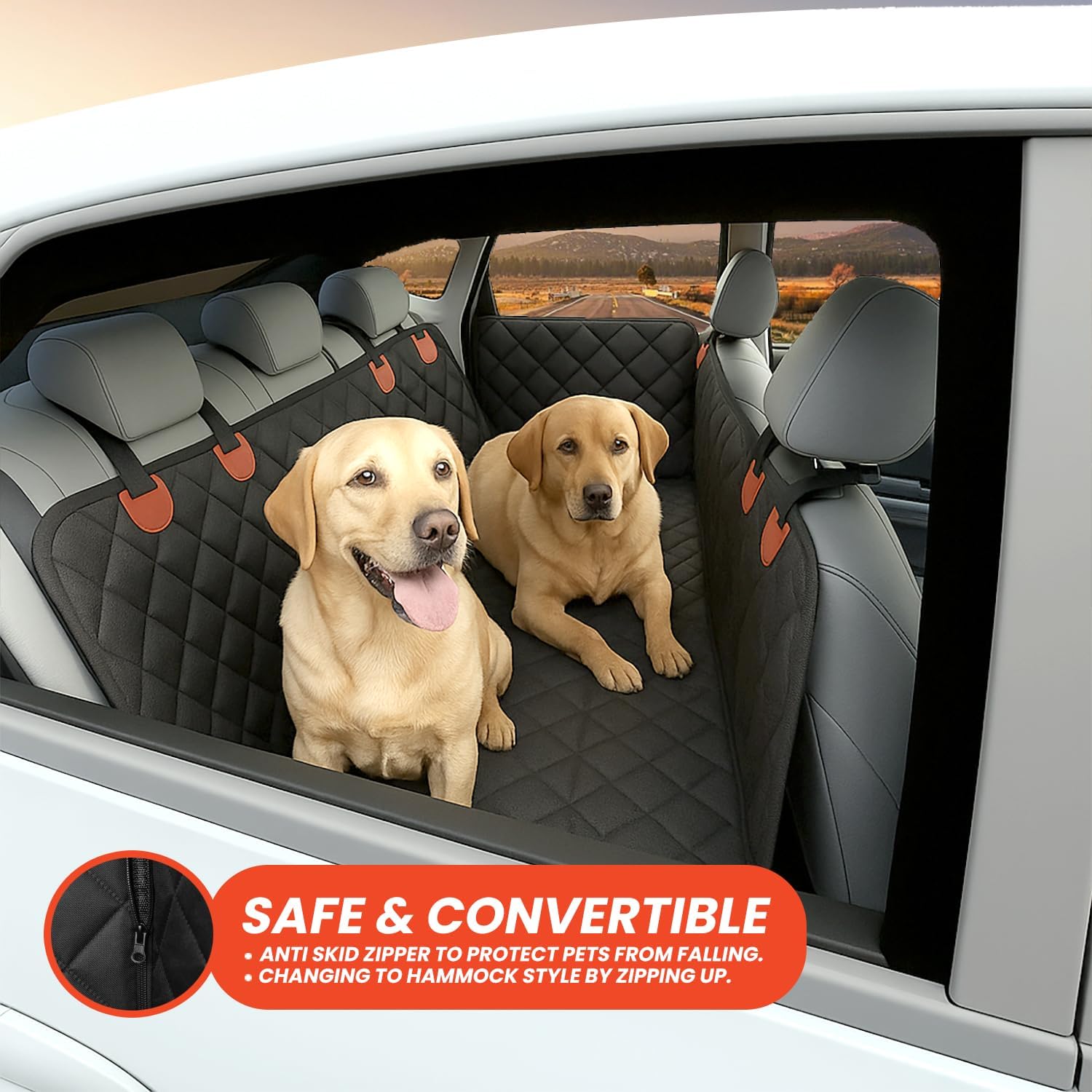 AWANTIC back-seat extender demonstrates extra space and comfort for dogs