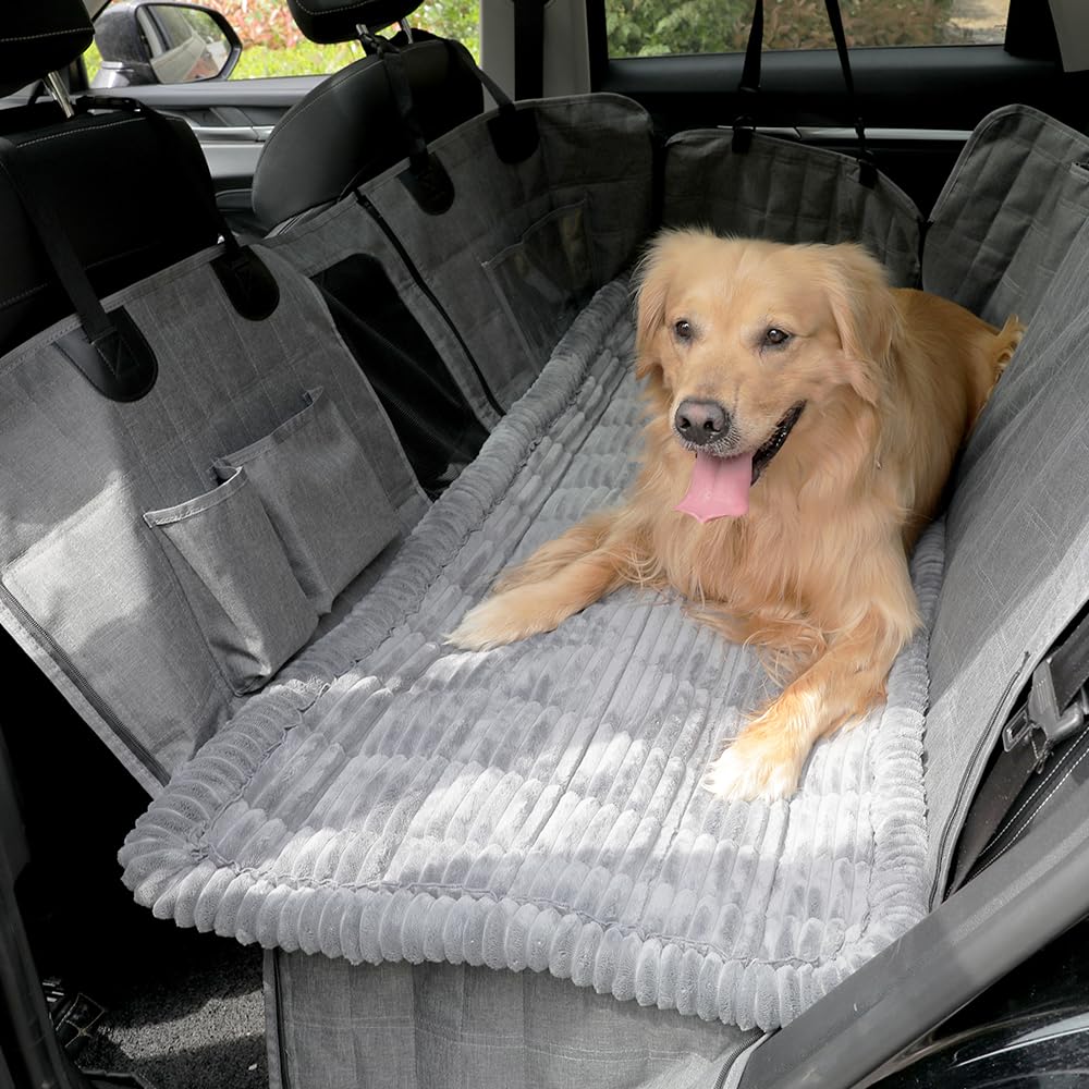Awjcsv dog car seat cover on backseat extender showing secure fit and protected upholstery